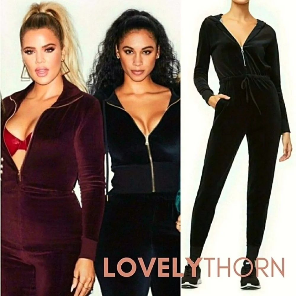 GOOD AMERICAN // ltd ed black velour long sleeve hooded full zip jumpsuit